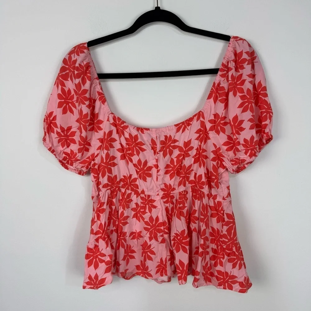 Jun & Ivy Pink & Red V Neck Faux Wrap Cropped Short Sleeve Summer Top Beach Cute